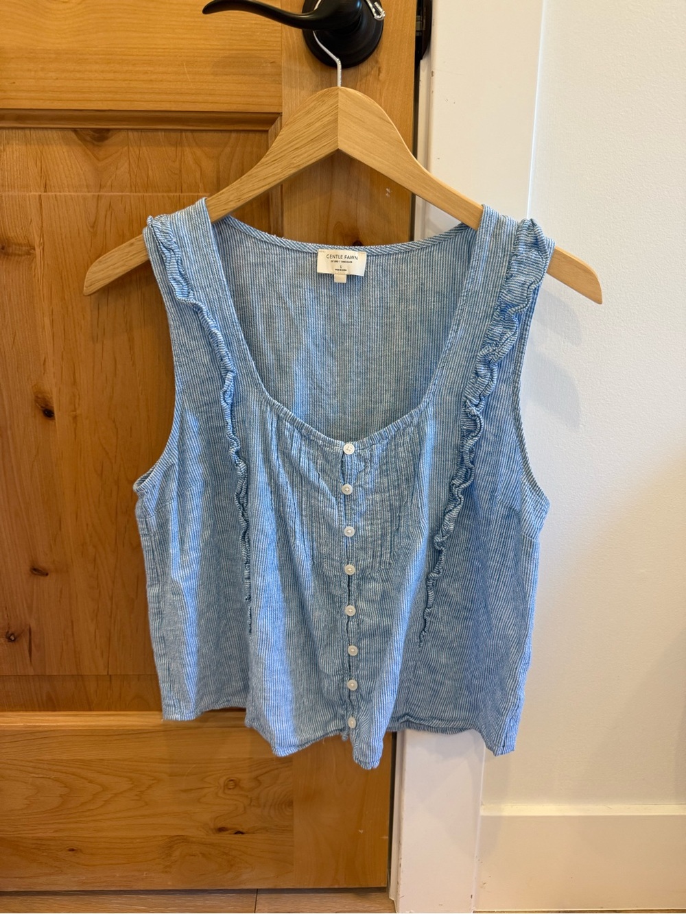 Gentle Fawn Light Blue Sleeveless Ruffle Button Tank